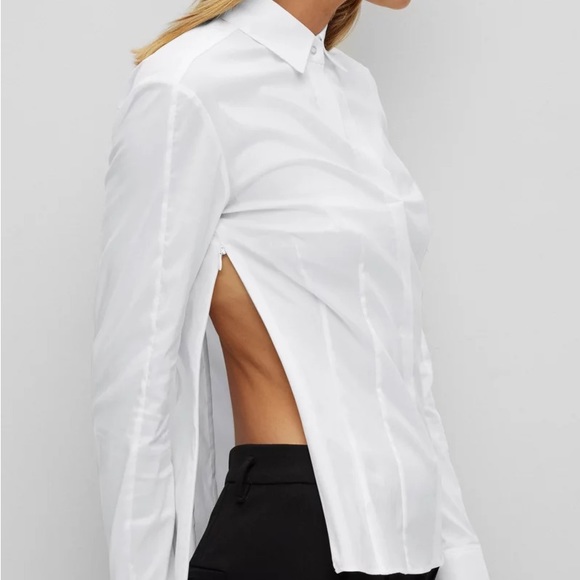 Boss By Hugo Boss BASHINA White Collared Blouse Button-Less Side Zip Vneck Sz 0 - Picture 6 of 15